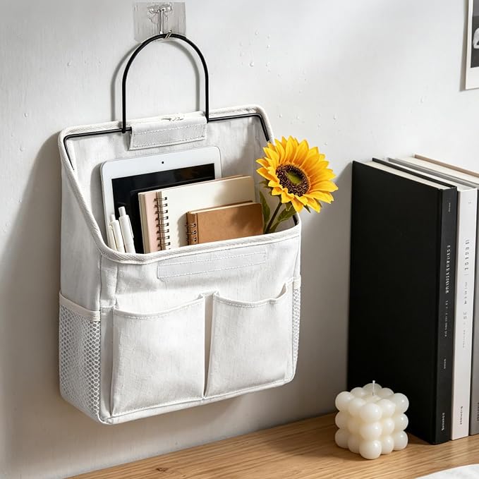 White Bedside Caddy Wall Bag for Dorm Bunk Hospital Beds, Stores Phone Books Glasses