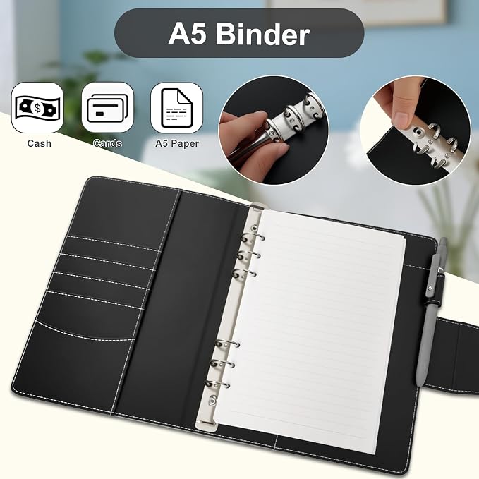 A5 Binder 6 Ring Faux Leather Refillable Notebook Binder Planner Cover Ring Binder with Magnetic Closure for A5 Paper,Photocard,Budget,Black(No Paper Inside)