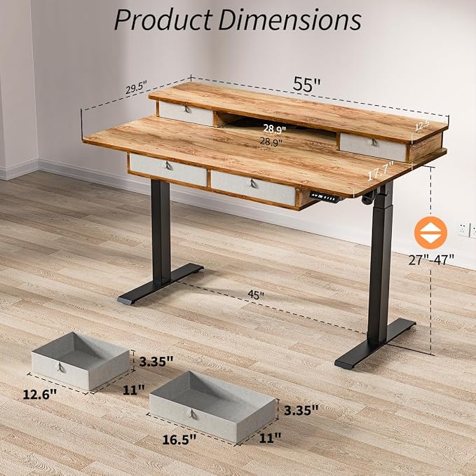 Kingant Electric Standing Desk with 4 Drawers,USB Charging Ports 55"x 30" | Ergonomic Height Adjustable Large Workstation, Heavy-Duty Sit Stand Up Desk For Home Office Daily Work,Light Rustic Brown