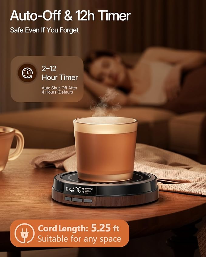 Coffee Mug Warmer for Desk, 50W Fast Heating Cup Warmer with Smart Display, 4 Temps & 12H Timer, Auto Shut Off for Tea, Milk, Hot Drinks - Dark Wood Effect