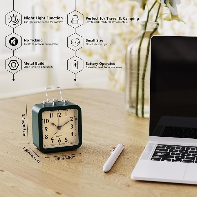 AYRELY® Small Metal Alarm Clock, Desk and Table Clock for Travel | Battery Operated Retro Silent Clock with Light for Bedroom, Bedside, Shelf and Living Room Decor (Blue)