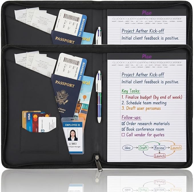 OOWOLF Padfolio Portfolio Folder, PU Leather Professional with 8.5 x 11 Letter Size Writing Pad Interview Resume Document Organizer Business Card Holder Zippered Closure 2-Pack