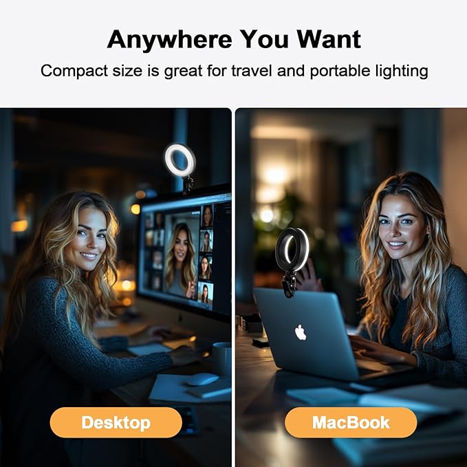 Clip-on Ring Light for Laptop Computer, Universal Phone/Tablet/Webcam Mount - Portable LED Light for Zoom Meetings, Live Streaming, Content Creation/Video Recording/TikTok