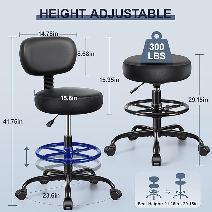 Brick Attic Drafting Chair with Backrest – Adjustable Foot Rest Rolling Stool with Wheels, PU Leather Swivel Stool for Office Spa Studio Lab Counter Salon Home Work Bar Kitchen Shop(Black), Pack of 10