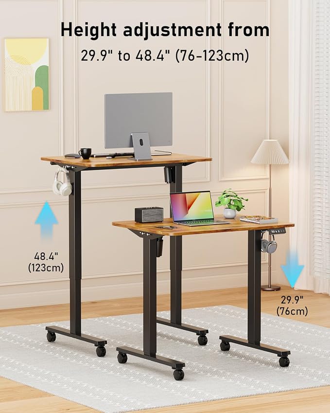32" Small Rolling Electric Standing Desk Adjustable Height for Home Office | Mobile Sit Stand up Desk with Lockable Casters for Computer Workstation, Memory Preset, 2 Hooks, Black Frame/LightBrown Top