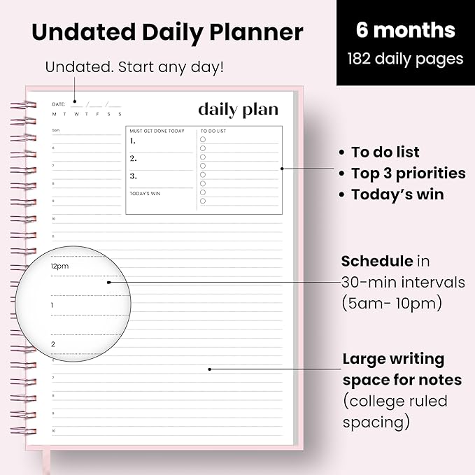 Undated Daily Planner | 2026 Calendar | Large Daily and Monthly Planner with Hourly Schedule, 8.5" x 11" | 6 Month, Full Page a Day, To do List, Time Blocking, Pink Aesthetic Hardcover Spiral Notebook