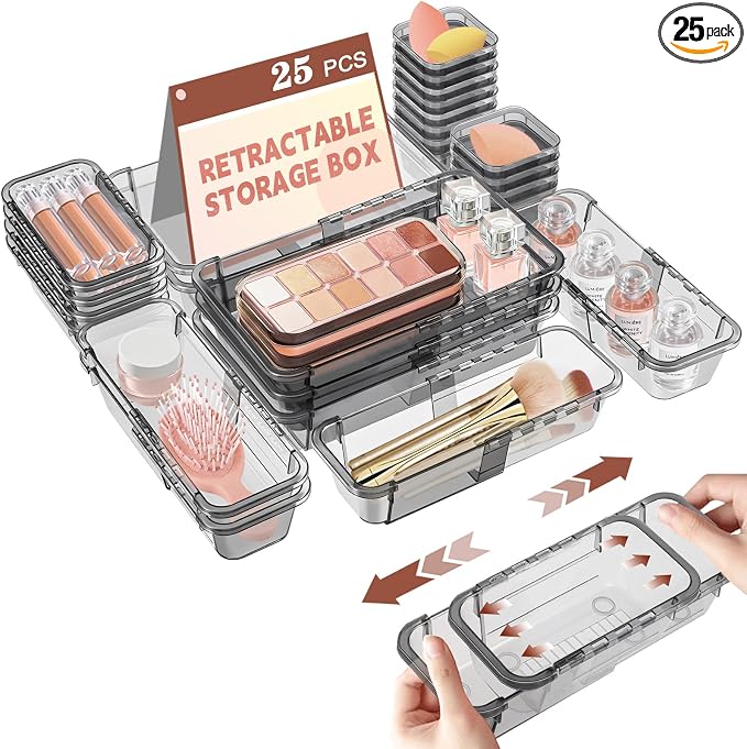 25 Pcs Clear Drawer Organizer, Adjustable Drawer Storage Box, 3-Size Desk Drawer Organizer, Acrylic Storage Bins for Makeup, Kitchen Utensils, Bedroom Dressers Tool Organizer for Gadgets, Black
