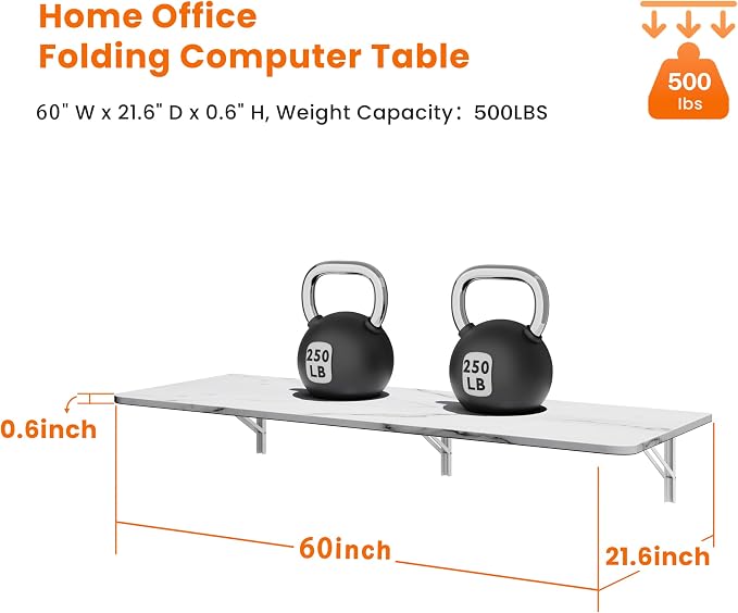 IAE Wall Mounted Floating Foldable Desk 60" x 22" Folding Computer Workstation Table with Engineered Wood and Metal Shelf Brackets,Fold&Floating Design for Home Office, Apartment,Laundry Room,White