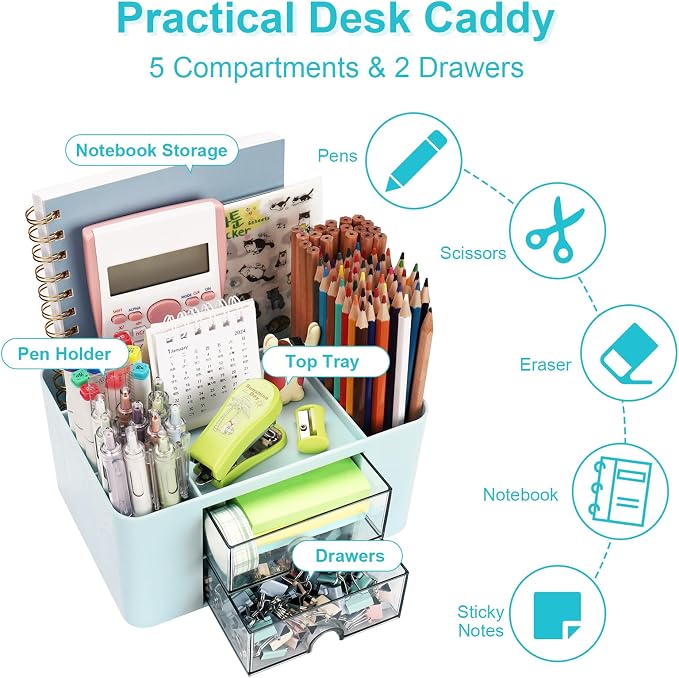 Meiikun Plastic Pen Organizer, Multifunctional Desk Organizer with 2 Drawers, 4 Compartments & a Top Tray, Pencil Holder Desktop Organizers and Accessories for Office, 7.7" x 5.5" x 3.9" (Blue)