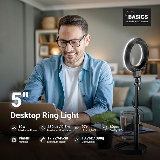 NEEWER Basics 5" LED Desktop Ring Light with Stand, Monitor Clamp, 10W, Compatible with iPhone Desk Computer Laptop Webcam Phone for Selfie Makeup Recording Zoom Video Conference Lighting, Black BR60