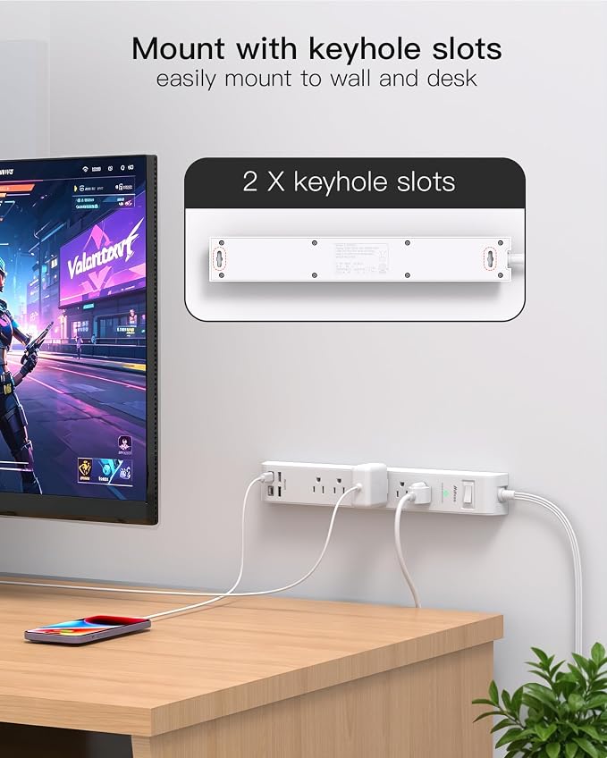 Long Power Strip Flat Plug Extension Cord, 10-in-1 with 6 AC Outlets 4 USB Ports(2 USB-C), Ultra Flat Plug Braided Extension Cord, Wall Mountable, 1080J Surge Protection