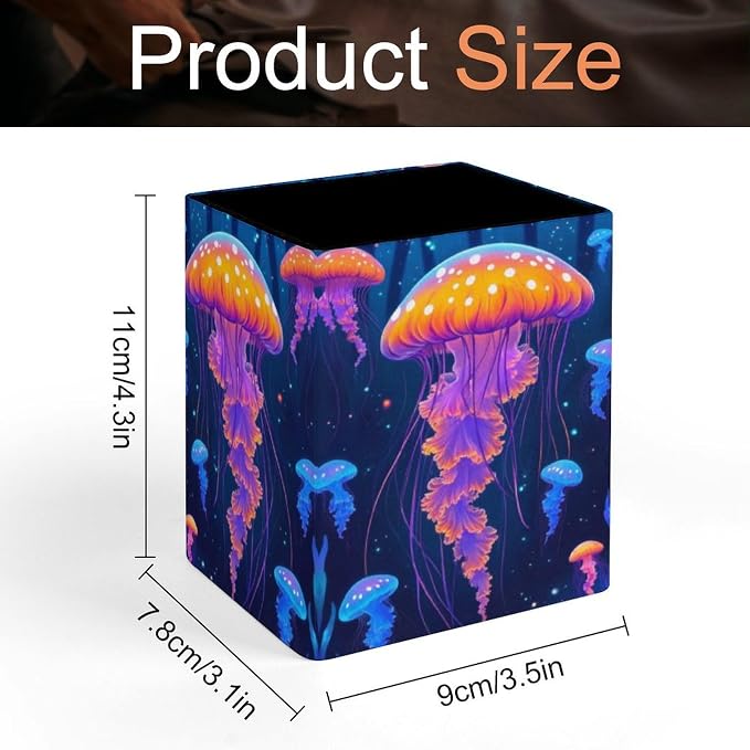 Jellyfish Print Leather Square Pen Holder Modern Desk Decor Home Organizer For Make Up Brushes Supplies Office Stationery Storage