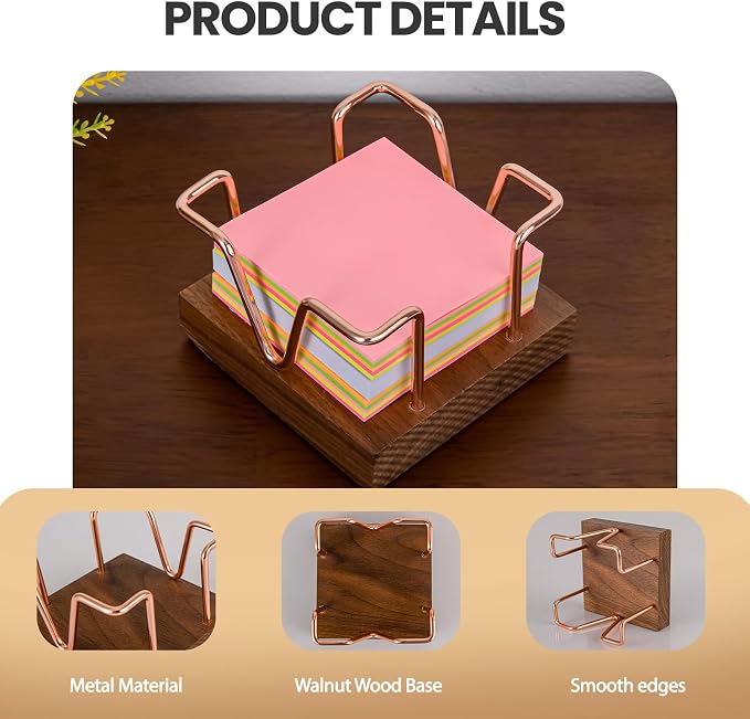 Walnut Wood Sticky Note Holder, 3 x 3 inch Self Stick Note Pad Holder, Post It Note Dispenser Desk Accessories for School and Office Desk Organizer, Rose Gold