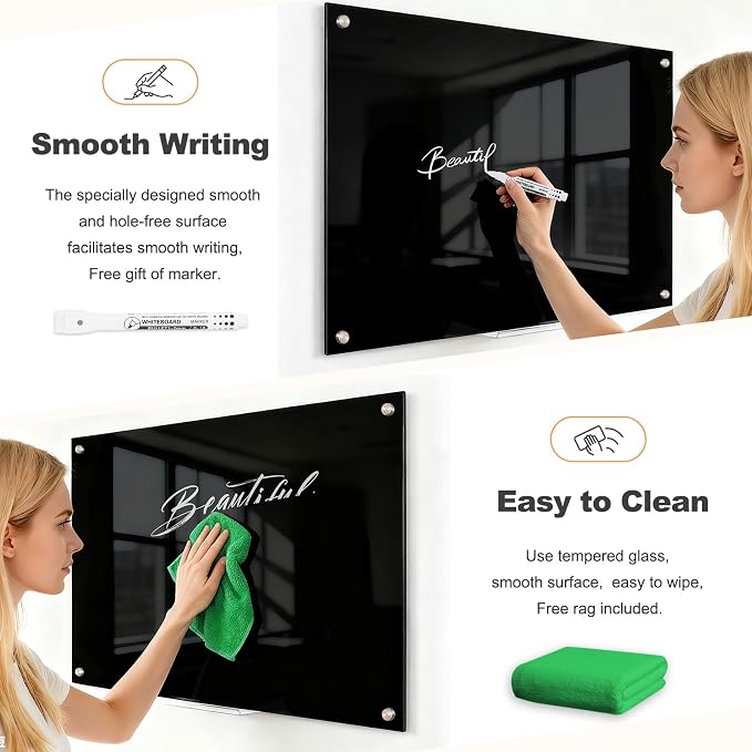 Magnetic Large Black Dry Erase Board, 36" x 24" | Black Glass Board Frameless Wall Mounted Glass Whiteboard for Office, School & Home with 1 Marker & 6 Strong Magnets