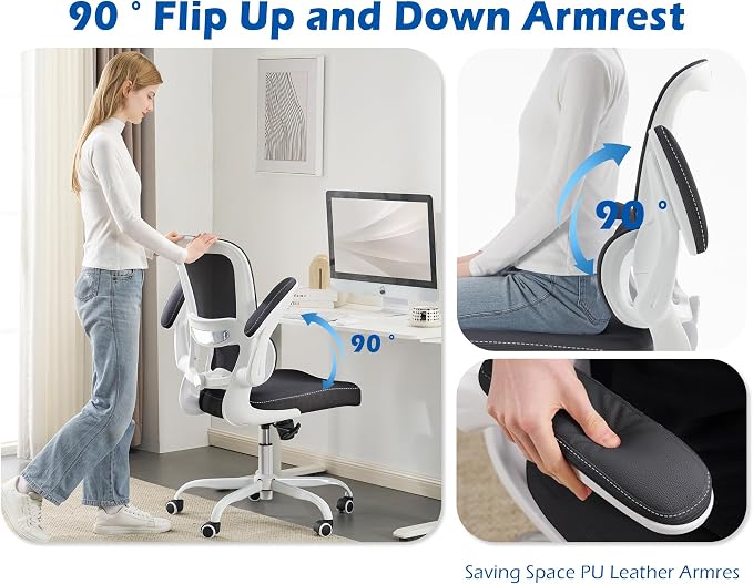 TRALT Ergonomic Office Chair - Desk Chair with Adjustable Lumbar Support Computer Chair - Mesh Comfy Chair with Flip-up Armrests - Gaming Chairs for Adults Home Office (PU Leather, Black White)