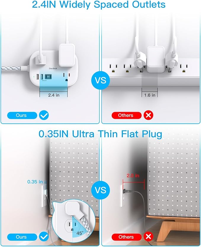 Cruise Essentials 2026,Travel Power Strip with USB C,Flat Plug Extension Cord 10 ft with 3 Outlets 4 USB Ports(2 USB C), Desk Wall Outlet Extender,Non Surge Protector for Cruise,Dorm Room,ETL-White