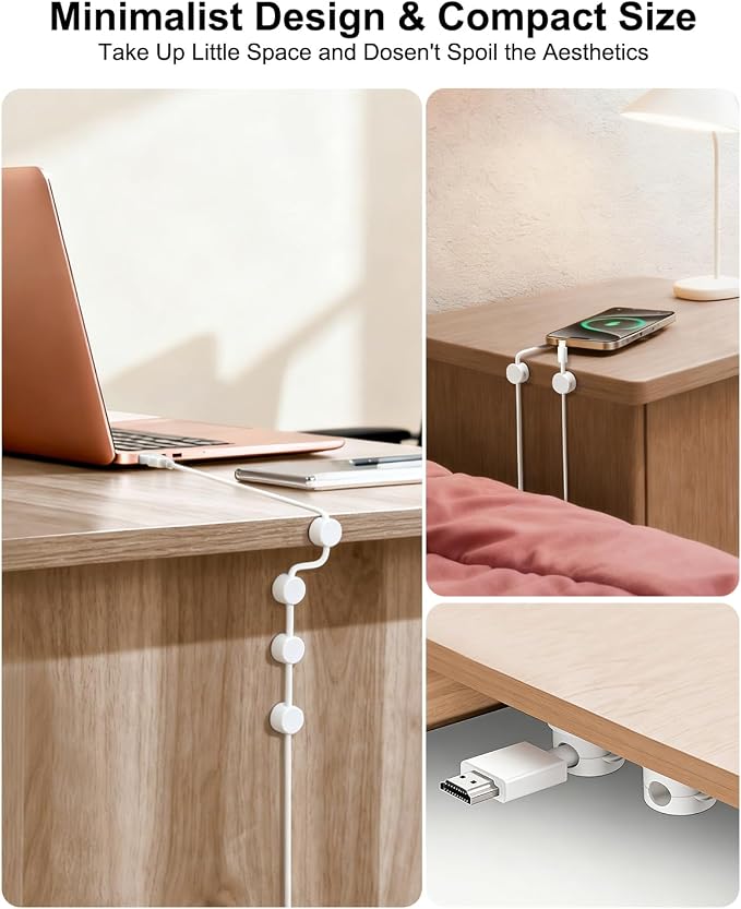 OneLeaf 12 Pack Spring Cable Clips for Phone Charger, One-Hand Cord Holder for Nightstand & Desk, Rotatable Desk Cable Management with Strong Adhesive, White
