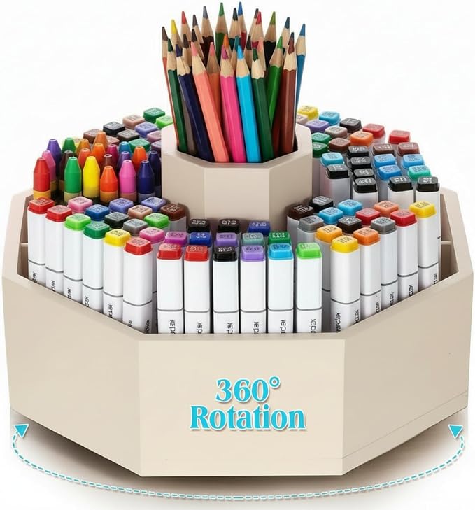 360° Rotating Pencil Holder for Desk Bamboo Rotating Marker Pen Desk Organizer Art Supply Gifts or Desktop Storage Caddy, Crayon, Marker, Pencil(Beige)