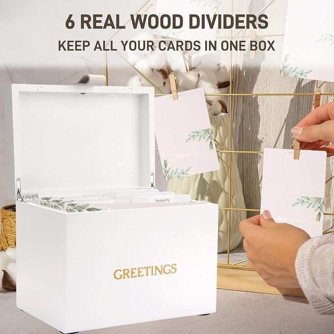 Large Bamboo Greeting Card Organizer Box with 6 Removable Dividers, Real Leather Handle, 100% Handmade Solid Bamboo, Storage Box for Christmas, Valentine, & Birthday Cards, Postcards, Stationery& More