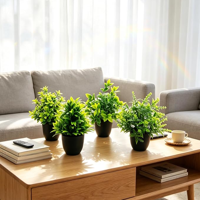 4 Pack Fake Plants Mini Artificial Potted Plants for Home Office Desk Decor, Small Faux Greenery with Black Pots, Assorted Fake Grass & Leaf Plants for Indoor Shelf Bathroom Kitchen Decoration
