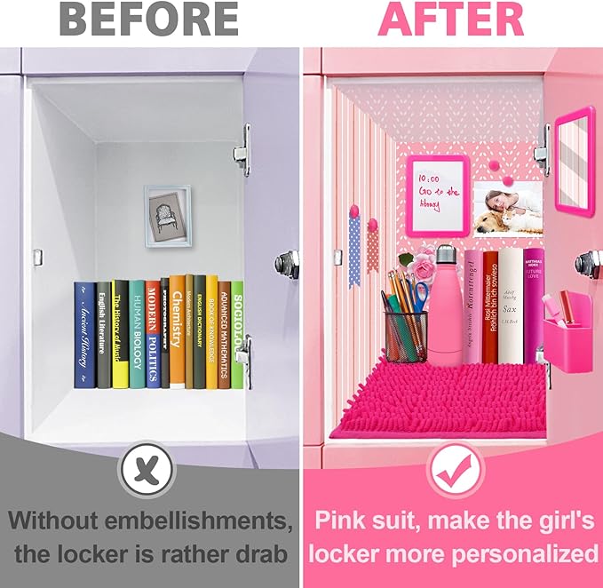 Locker Accessories Kit - 9 Pcs Pink Locker Organizer Stuff for Girls, Back to School Supplies Include Locker Rug Magnetic Whiteboard Mirror Dry Erase Marker Holder and More Decor Essentials