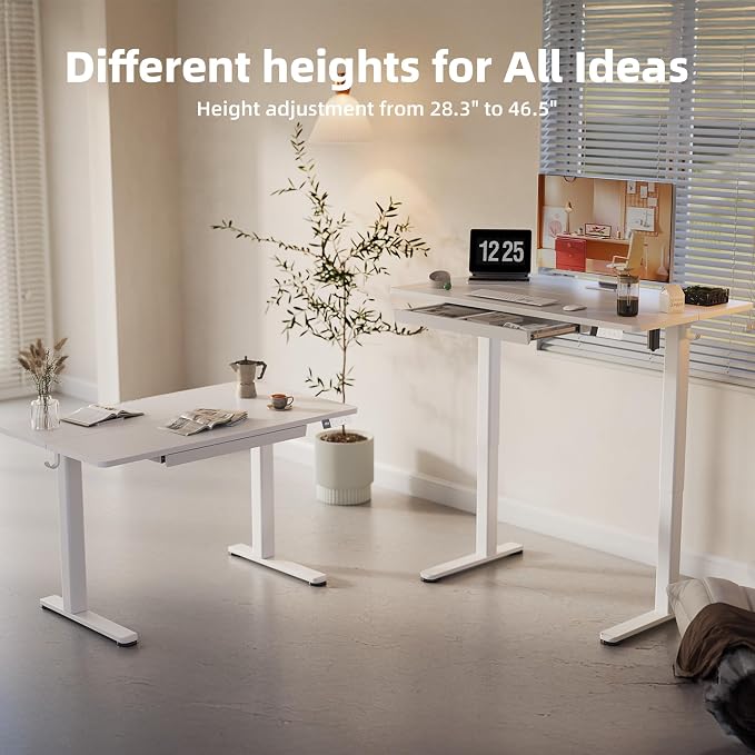 YDN Electric Standing Desk 55 x 24 Inch Adjustable Height with Drawer White | Industrial-grade steel frame supports 176Lbs, 28.3 to 46.5 inch height range, 3 memory presets, 45dB quiet motor