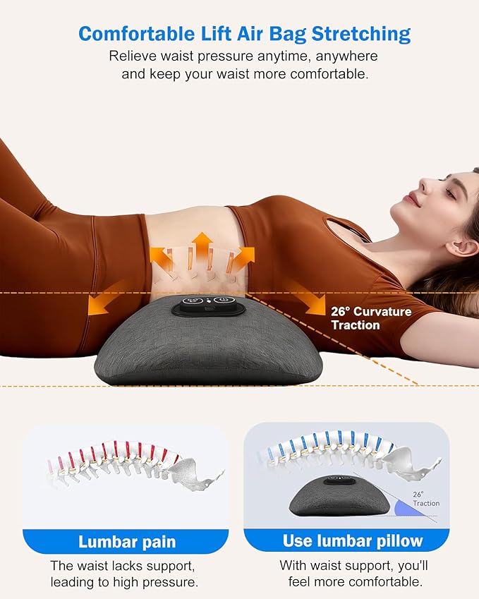 3 in 1 Electric Lumbar Support Pillow -Lower Back Massager with Heat & Vibration,Air Lift Technology,Ergonomic Memory Foam Back Massager for Pain Relief Deep Tissue
