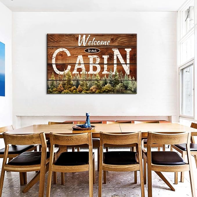 Rustic Cabin Wall Art Brown Woodland Nursery Wall Decor for Living Room Vintage Farmhouse Forest Grain Background Prints Welcome to our Cabin Picture Modern Artwork Bedroom Cave Home Decoration 32x48"