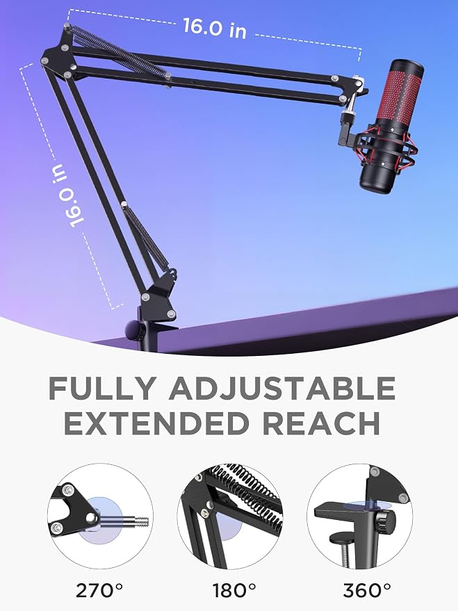 InnoGear Boom Arm Microphone Mic Stand for Blue Yeti HyperX QuadCast SoloCast Snowball Fifine Shure SM7B and Other Mic, Extended Mic Arm (Black)