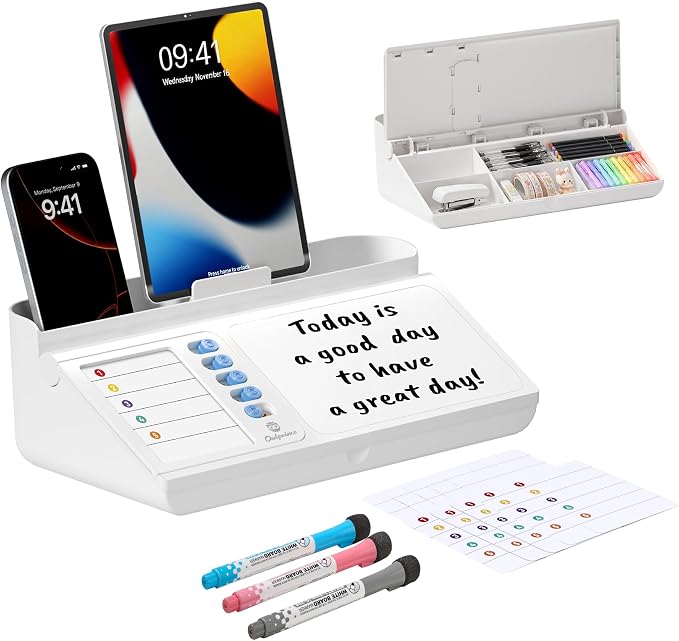 Desktop Whiteboard with Storage, White Dry Erase Board with Drawer & Phone Tray, Desk Board with Marker Holder, Memo Notepad to Do List for Home Office School Supplies - Blue