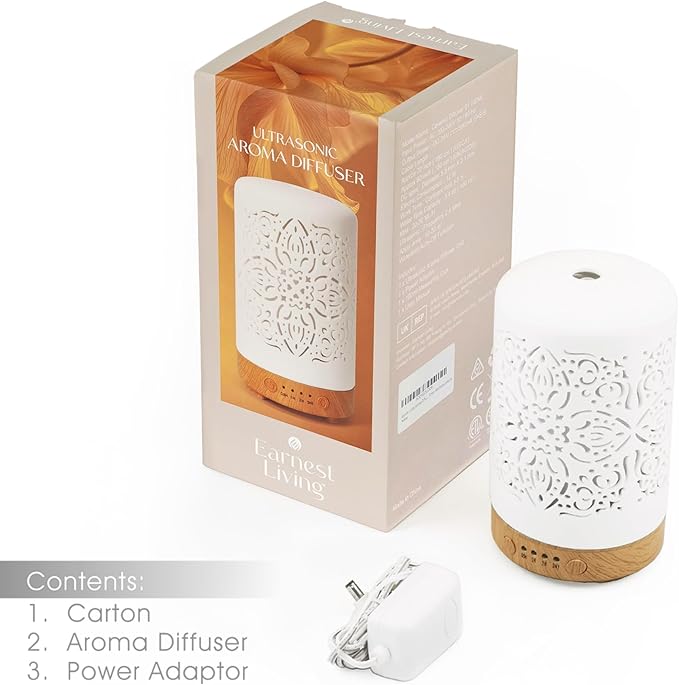 Earnest Living Essential Oil Diffuser White Ceramic Diffuser 100 ml Timers Night Lights and Auto Off Function Home Office Humidifier Aromatherapy Diffusers for Essential Oils