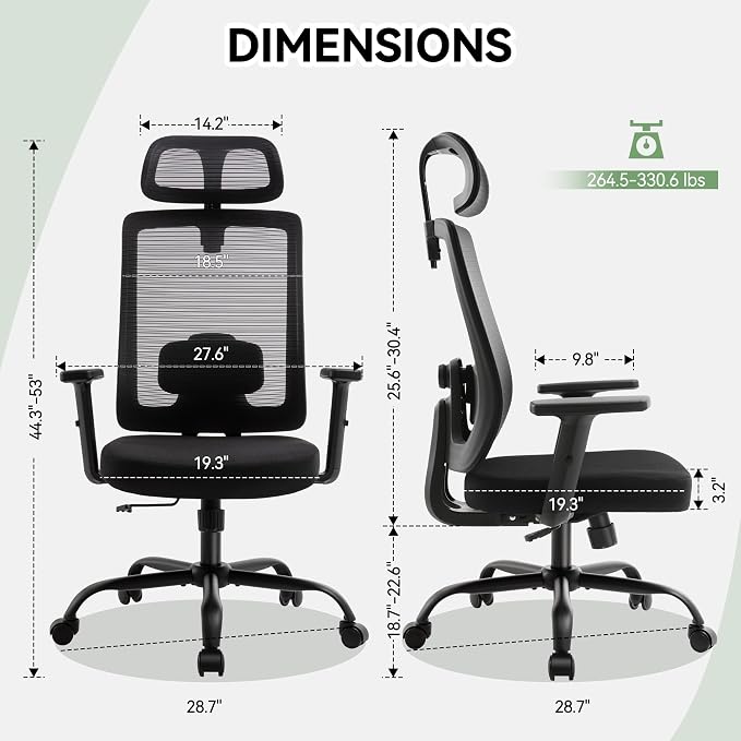 Office Chair with Mesh High Back, Ergonomic Office Desk Chair with Adjustable Lumbar Support, Rolling Work Chairs with Wheels and 3D Headrest, Black