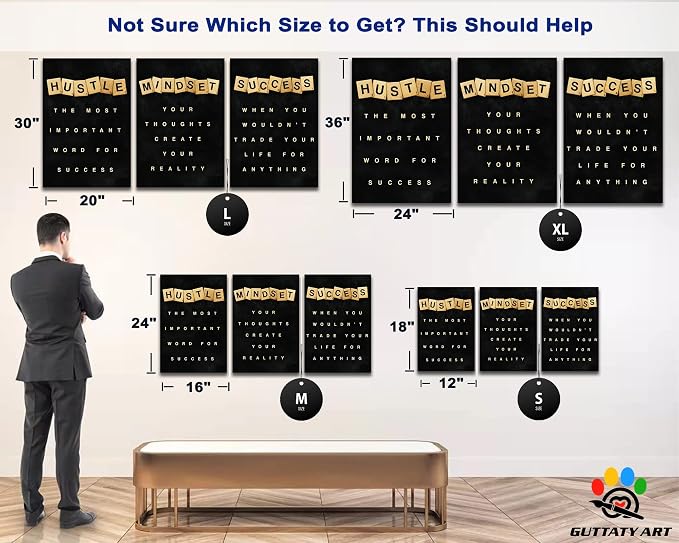 Office Wall Art - 3 Panel Motivational Canvas With Inspirational Quotes for Home Decor, Positive Entrepreneur Words Poster Frame for Company 24"x36"x3Pcs