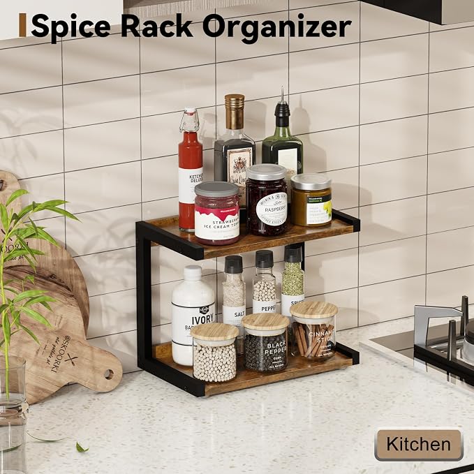 MARTY Kitchen Counter Shelf Organizer, 2 Tier Coffee Station/Bar Organizer | Spice Rack for Countertop, Mugs Cups, Desk Shelf Riser, Bathroom Counter Organizer, Wood+Metal, Rustic Brown