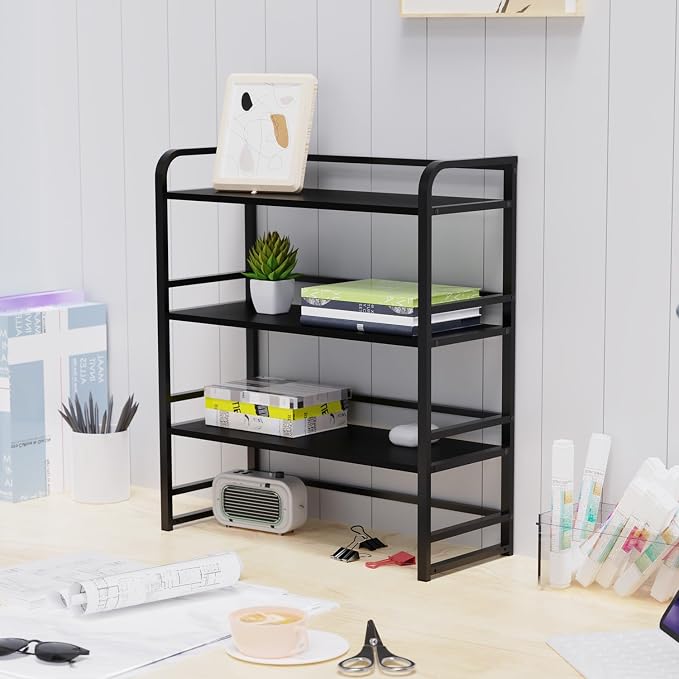 Office Desk Shelf Organizer, Wood Desktop Bookshelf Supplies Storage Rack, Shelf for Top of Desk and Dresser and Cubicle Decor Aesthetic Bookshelf (Black Black, Three Tier, 15.75Lx7.87Wx22.05H)