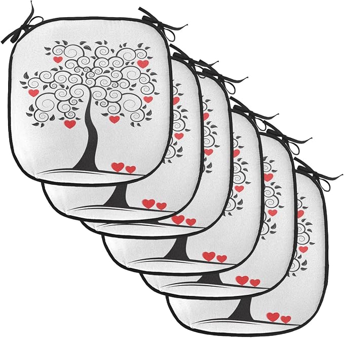 Lunarable Love Chair Cushion Pads Set of 6, Abstract Heart Tree Floral Leaves Spring Swirl Simplicity Creative Illustration, Anti-Slip Seat Padding for Kitchen & Patio, 16"x16", Black White Red