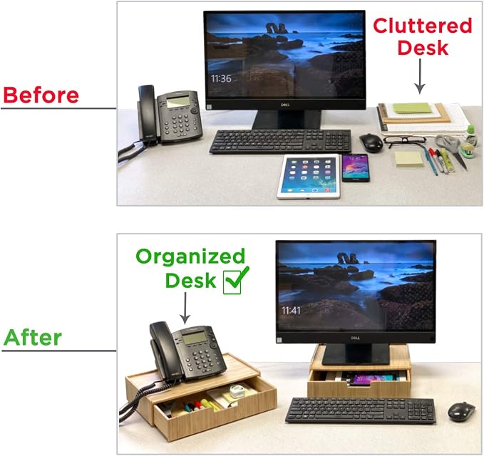 MobileVision Bamboo Telephone Stand with Drawer Stackable Storage Solution for Office Products Pens, Pencils, Scissors, Notepads, Business Cards and More