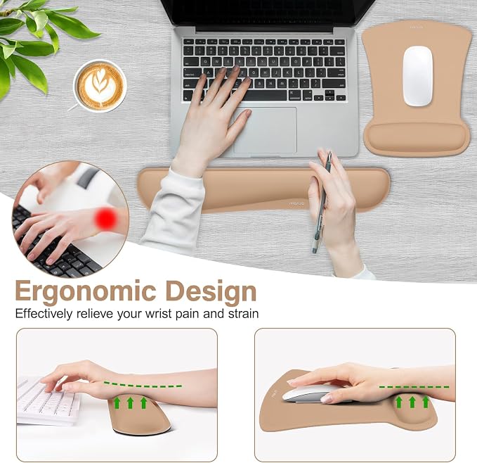 MOSISO Wrist Rest Support for Mouse Pad & Keyboard Set, Ergonomic Mousepad Non-Slip Base Home/Office Pain Relief & Easy Typing Cushion with Neoprene Cloth & Raised Memory Foam, Mocha