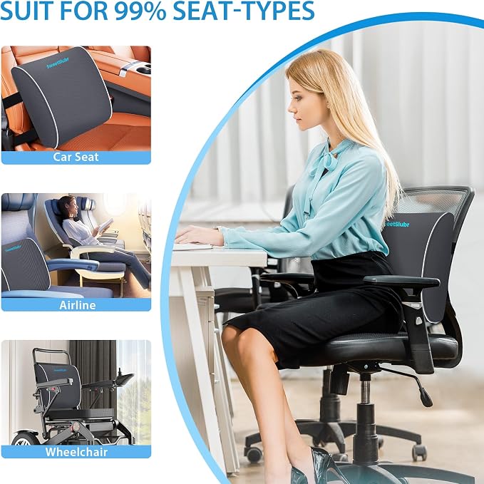 SweetSlubr Lumbar Support Pillow for Office Chair, Car Seats and Home Desks, Ergonomic Back Support with Double Adjustable Straps, Machine Washable Cover, Gray