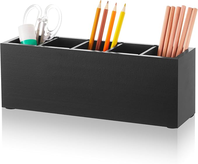 Jetec Wooden Pencil Pen Holder for Desk 5 Compartments Cosmetic Makeup Brush Stationery Office Desktop Organizers for Countertop Adjustable Silverware Caddy for Party, Art Supplies,Home decor(Black)