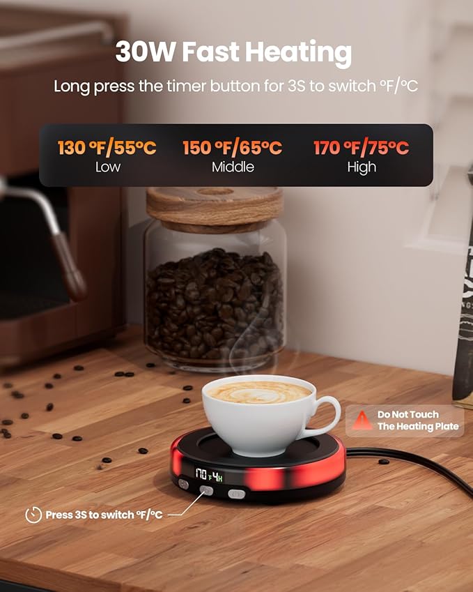 Gaiatop Coffee Mug Warmer for Desk, 3 Temp Settings, 2-9Hrs Timer, 3 Colorful Romantic Atmosphere Light Modes, Stocking Stuffers, Beverage Heating Plate with Digital Display for Candle Tea Milk Black
