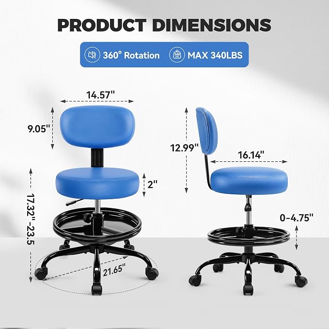 Shop Stool with Wheels for Garage, Mechanics Rolling Chair with Backrest, Adjustable Height Heavy Duty Garage Stool with Footrest and Storage Tray, Swivel Task Chair for Workshop Kitchen Salon (Blue)