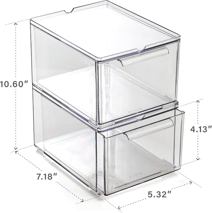 BINO | Clear Stackable Storage Drawers, Medium - 2 Pack | Clear Storage Drawers with Built-In Handles | Durable Plastic Organizer Drawer | Modular Stackable Drawer Acrylic Organizer
