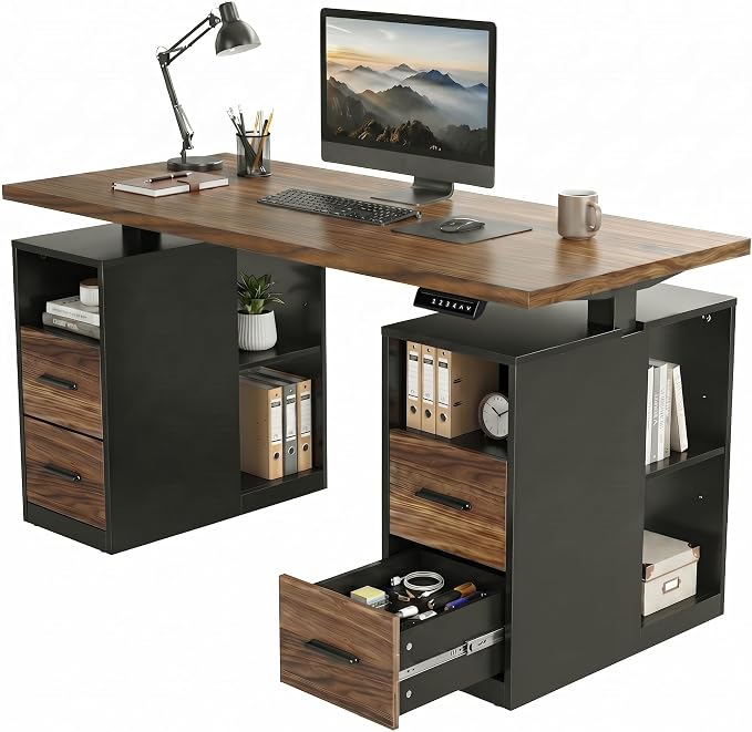 HUANUO 55" Standing Desk with Drawers, Executive Electric Height Adjustable Stand Up Desk with Storage, Black Walnut