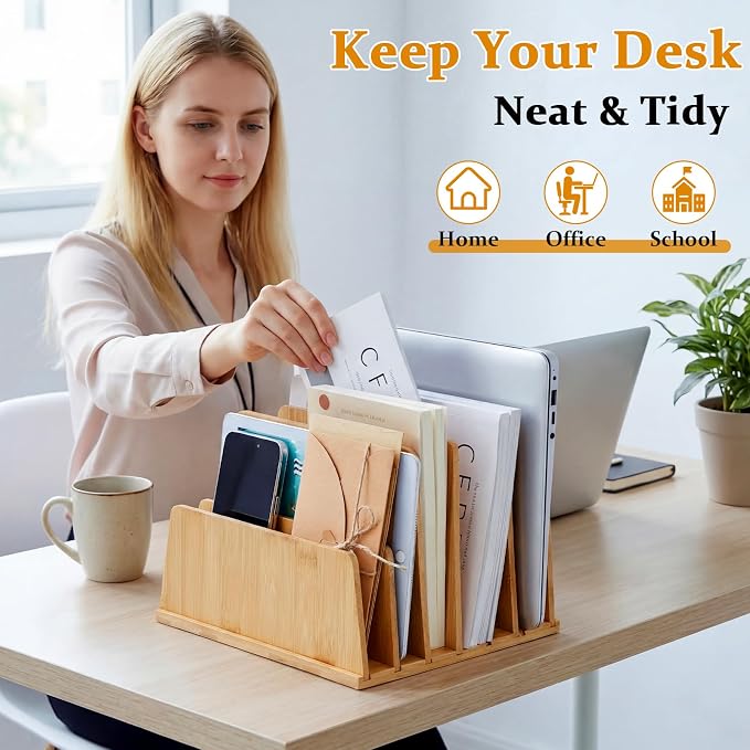Unittype Bamboo Multi Device Organizer, 6 Slots Vertical Laptop Storage Rack, Computer Charging Station for Smartphones, Tablets and Laptops, Space Saving Organizer for Home Office