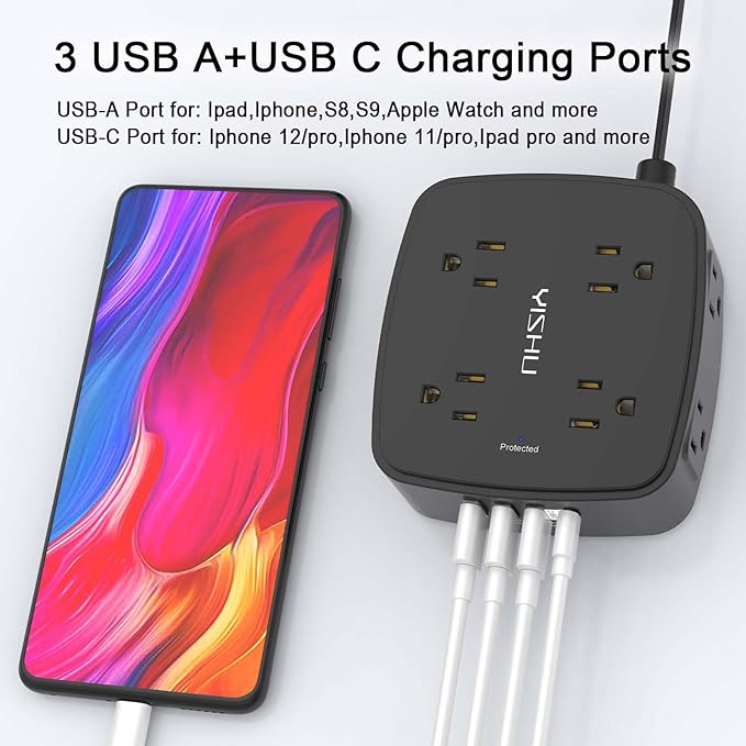 6 Ft Surge Protector Power Strip - YISHU 8 Widely Outlets with 4 USB Ports, 3 Side Outlet Extender with 6 Feet Flat Extension Cord, Ultra Flat Plug, Wall Mount, Desk USB Charging Station, ETL, Black