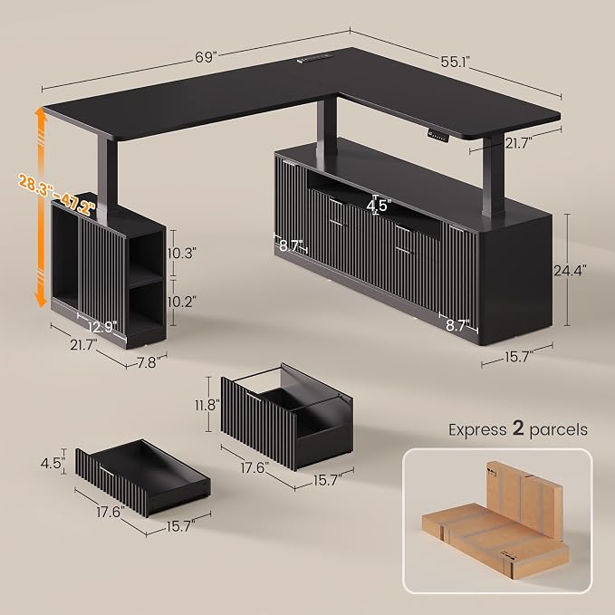 SEDETA L Shaped Electric Standing Desk, 69" x 55"Height Adjustable Office Executive Desk with 4 Drawers and Storage Shelves, Fluted Sit Stand Computer Desk with Power Outlet for Home Office (Black)
