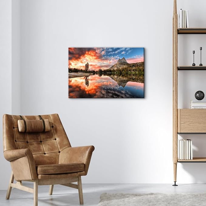 Nature Cathedral Lake Wall Art for Kitchen Wall Decor Mountain Forest Wall Decor Burnt Orange Sunset Photography Painting Canvas Prints Modern Aesthetic Framed Posters Artwork 16x24" Ready to Hang