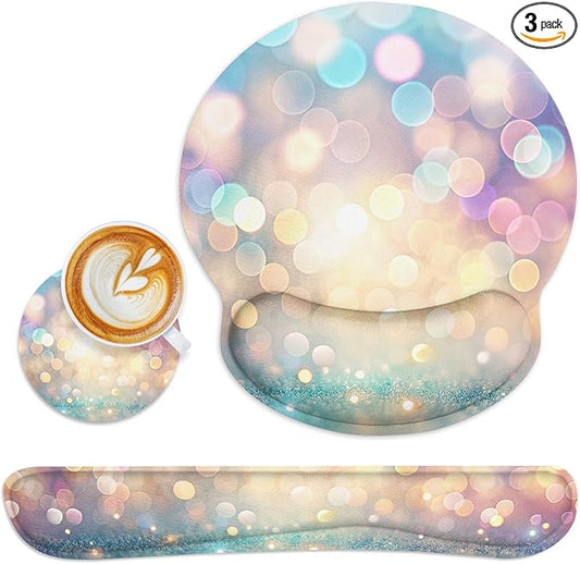 Britimes Colorful Fantasy Ergonomic Mouse Pad Set with Wrist Rest Non-Slip Rubber Base Glitter Gold Wrist Cushion Support and Coasters Mousepad with Wrist Support for Computer Keyboard and Desk