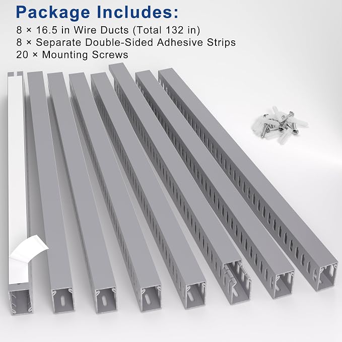 1.6" H x 1" W Cable Raceway, 132in Under Desk Wire Management Channel, Grey | Slotted Wire Duct, 8Pack, 16.5in Each, Heavy-Duty PVC Cable Management for Server Racks, Network Cables & Electrical Cabinets
